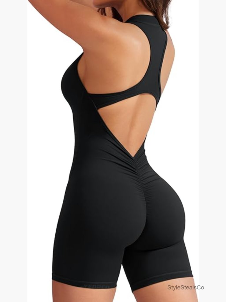 Zip Up Backless Tummy Control Jumpsuit Workout Bodysuit Sleeveless